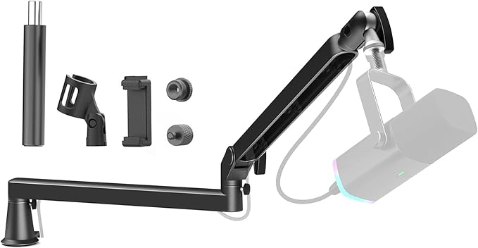 Low Profile Mic Arm 15cm Extra Riser Adjustable Mic Boom Arm Metal Desk Mounted Microphone Stand Cable Management Flexible Microphone Holder for Podcast Streaming Gaming Desktop