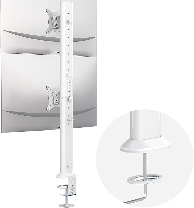Hemudu Dual Monitor Articulating Desk Mount Arm Stand - Vertical Stack Screen Supports Two 13 to 34 Inch Computer Monitors with C Clamp White
