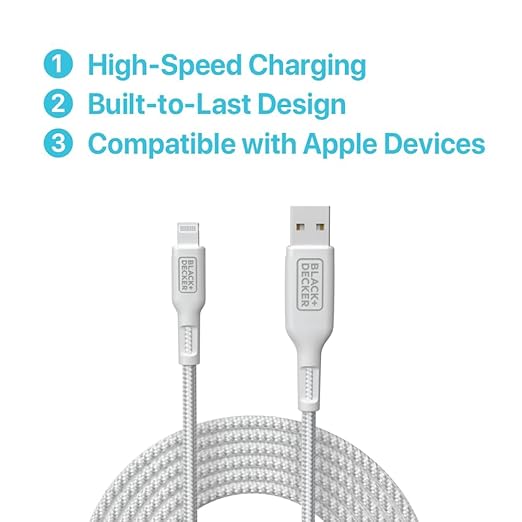 BLACK+DECKER Lightning to USB Cable - Fast Compatible iPhone Lightning Cable - Durable Braided iPhone Charger Cord - for Travel and Daily Use - Multiple Color + Length Options - 6ft