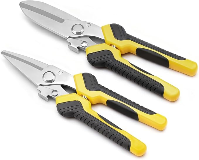 2PCS Scissors All Purpose, Tin Snips for Cutting Metal Sheet, Heavy Duty Industrial Shears, Stainless Steel Serrated Blade, Easy Cutting Wires, Cardboard, Leather, Iron Mesh