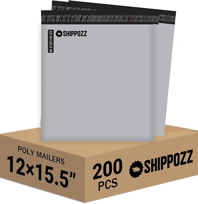 12 x 15.5 200pcs Shippozz Poly Mailers – Durable Shipping Envelopes with Strong Adhesive Seal, Waterproof and Tear-Resistant Design – Ideal for Clothing, Books, and Accessories