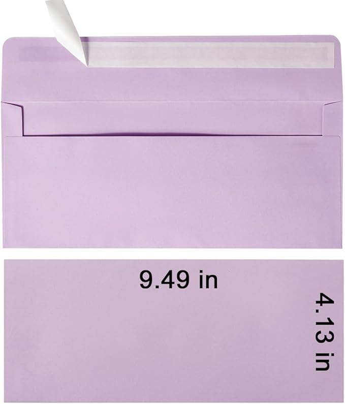Wishop 50 Pack #10 Business Envelopes Self Seal 4x9 Standard Envelopes for Business, Invoices, Letter Mailing, 4 1/8 x 9 1/2 Inches (Light Purple, 4.13 x 9.49)
