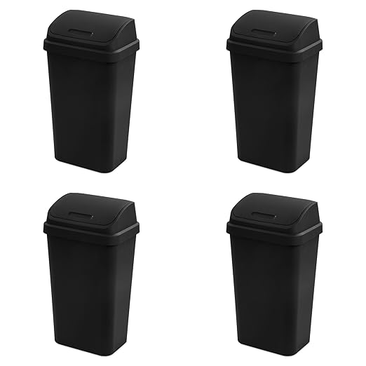 Sterilite 4-Pack Swing Top Wastebasket, Sleek Square Profile Trash Can, 13 Gallon, Black - Modern Garbage Bin for Kitchen, Bathroom, Garage and Workspace, Fits 13 Gal Liners