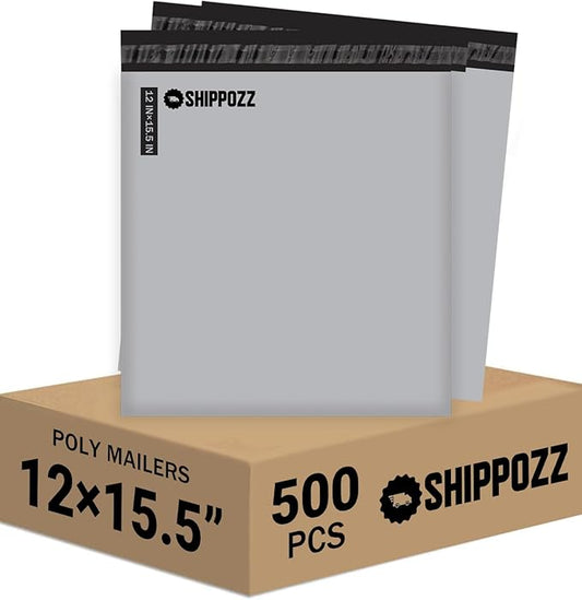 12 x 15.5 500pcs Shippozz Poly Mailers – Durable Shipping Envelopes with Strong Adhesive Seal, Waterproof and Tear-Resistant Design – Ideal for Clothing, Books, and Accessories