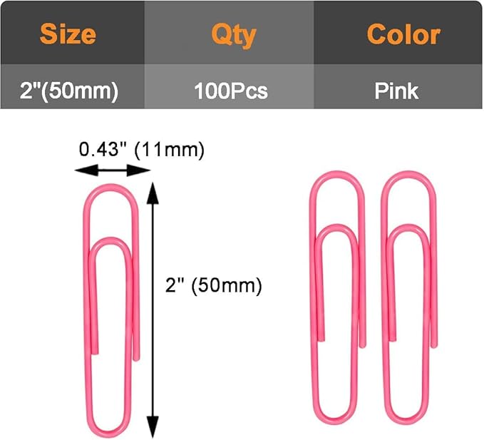 Vinaco Paper Clips Pink, 100 Pack Large Paper Clips 2 Inch (50 mm), Durable & Rust Resistant, Jumbo Paperclips. Great for Office, School and Personal Use (Pink)