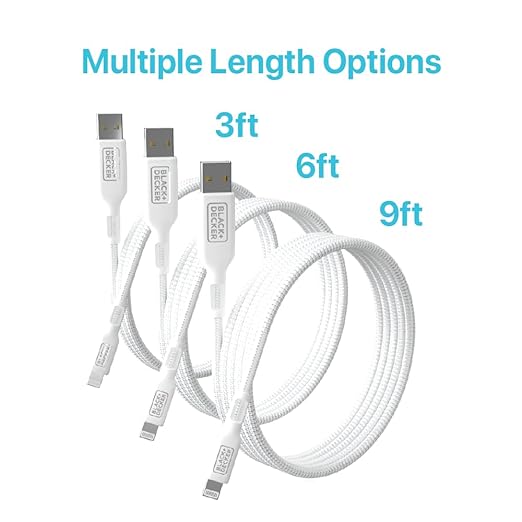 BLACK+DECKER Lightning to USB Cable - Fast Compatible iPhone Lightning Cable - Durable Braided iPhone Charger Cord - for Travel and Daily Use - Multiple Color + Length Options - 3ft
