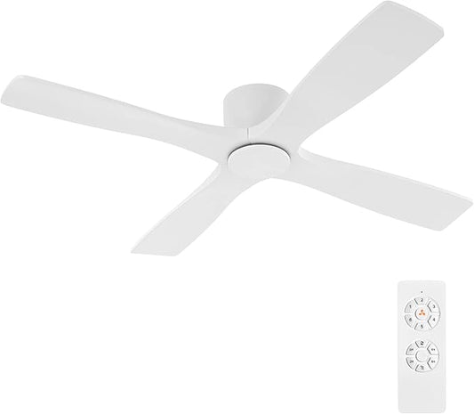 WINGBO 48 Inch Flush Mount DC Ceiling Fans without Lights, 4 Carved Solid Wood Blades, 6-Speed Reversible DC Motor, Low Profile Hugger Ceiling Fan No Lights for Indoor and Outdoor, Gloss White