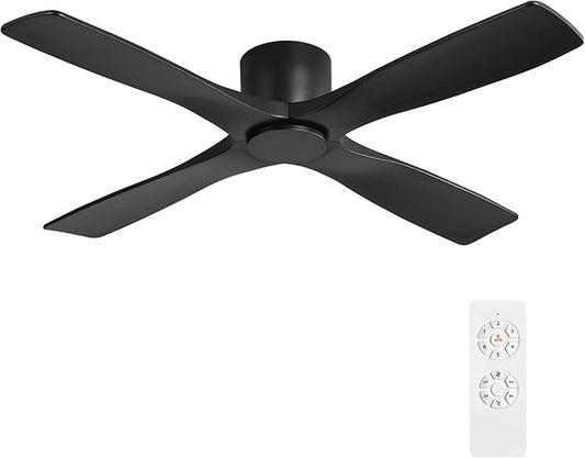 WINGBO 54" Flush Mount DC Ceiling Fans without Lights, 4 Carved Solid Wood Blades, 6-Speed Reversible DC Motor, Low Profile Hugger Ceiling Fan No Lights, Matte Black