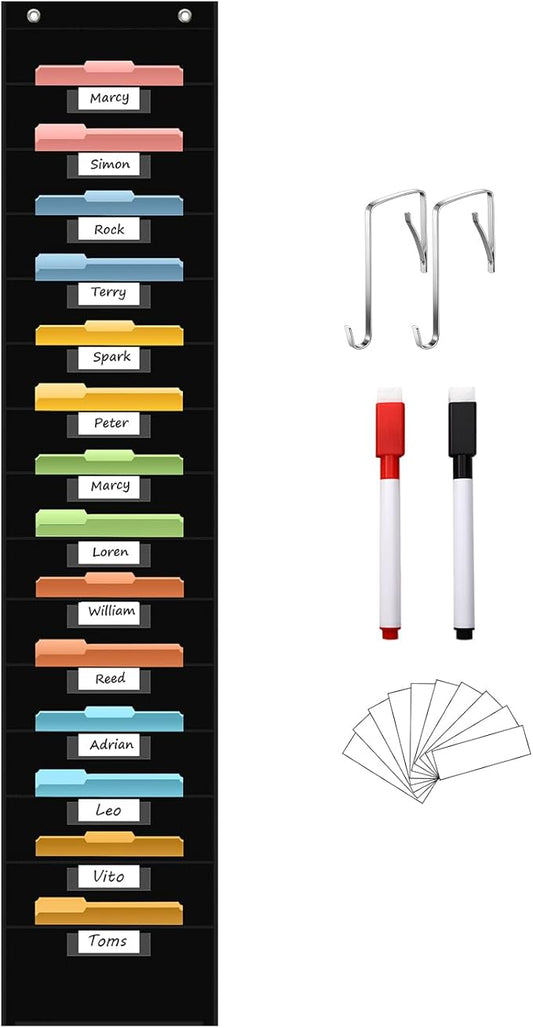 14 Pocket Hanging File Organizer with 14 Nametag Pockets. Black File Storage Pocket Chart for Classroom or Office Use. Perfectly Organizes Assignments, Files, Scrapbooks, and Documents.