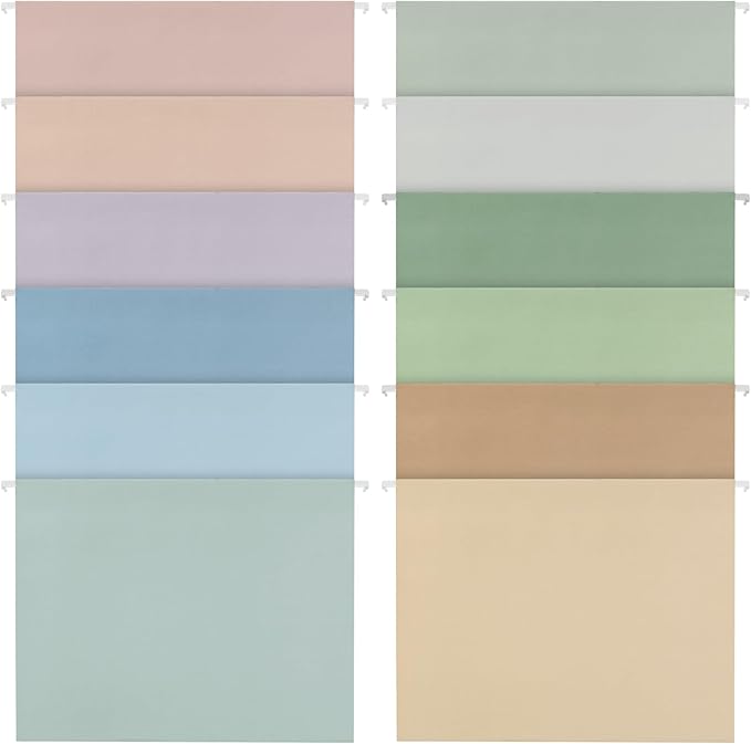 25pcs Decorative Hanging File Folders,Filing Cabinet, Letter Size with 1/5-Cut Adjustable Tab Durable 12 Color Assorted,Pastel