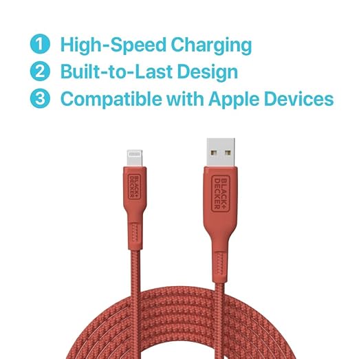 BLACK+DECKER Lightning to USB Cable - Fast Compatible iPhone Lightning Cable - Durable Braided iPhone Charger Cord - for Travel and Daily Use - Multiple Color + Length Options - 6ft