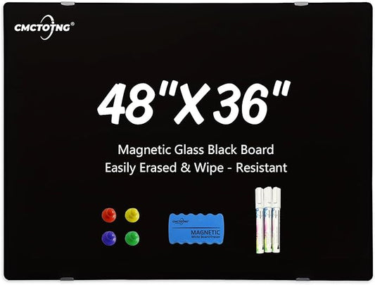 Magnetic Glass Blackboard - Glass Dry Erase Board 48"x36" Large Frameless Board for Walls Office School and Home,Black