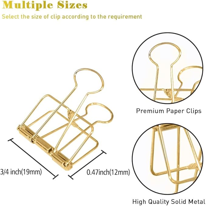 Small Binder Clips, 36 Pack, 3/4 Inch, Standard 19mm, Hollow Out Gold, Capacity 0.31 Inch, Fold Clamp, Wire Clip, Paper Clips, Office Clips, School & Home Use