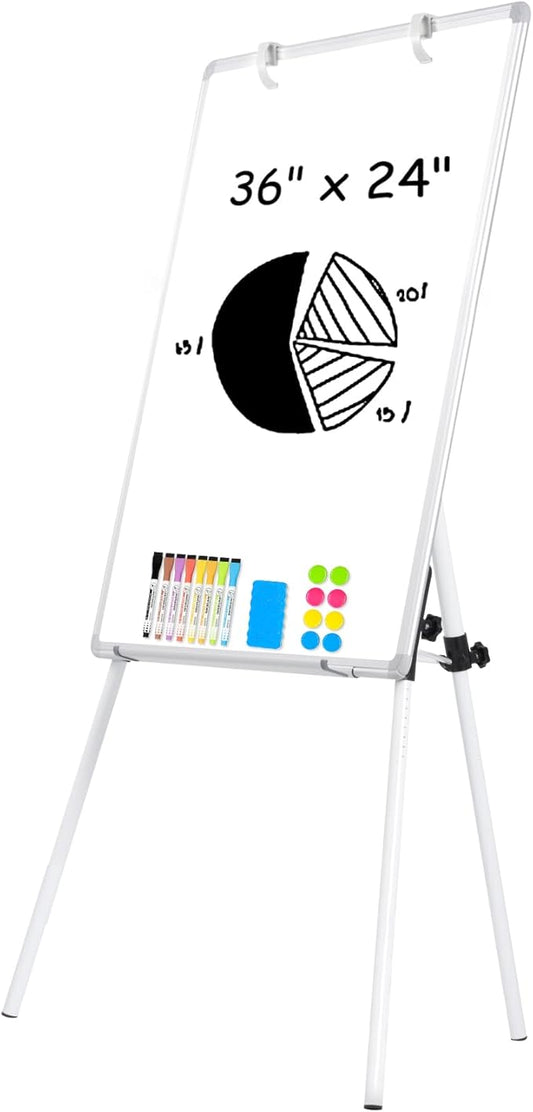 Magnetic Whiteboard Easel, 36"x24" Height Adjustable Dry Erase Board with Stand, Large Aluminium Frame White Board for Teaching, Flipchart Standing Writing Board for Office, Home (White)