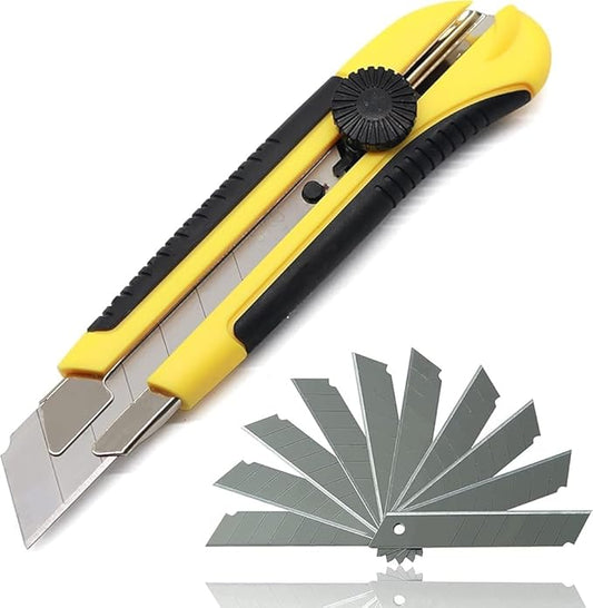 25mm Heavy Duty Utility Knife, Box Cutter SK-5 Retract Blades, Snap Off Cutters with Rubber Grip for Cardboard, Boxes, DIY Crafts.Utility Knife and 10 Replacement Blades.