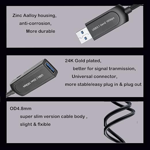 USB 3.1 Male-Female Extension Cable Fiber Optical 10Gbps 40M Compatible with Windows Mac OS,Linux,Industrial Camera Machine Vision,Medical Security Monitoring Printer,Scanner,Touch Screen,Camera,Game