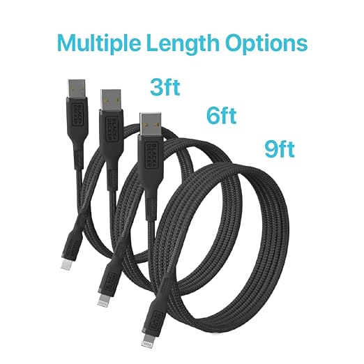BLACK+DECKER Lightning to USB Cable - Fast Compatible iPhone Lightning Cable - Durable Braided iPhone Charger Cord - for Travel and Daily Use - Multiple Color + Length Options - 3ft