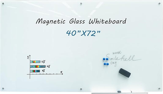Magnetic Glass Dry Erase Board Frameless Wall Mounted White Board 40 * 72 WritingBoard Large Glass Board for Office School Home Accessory Tray, 3 Dry Erase Marker,4 Magnets and 1 Magnetic Eraser