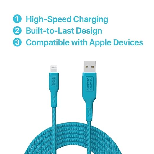 BLACK+DECKER Lightning to USB Cable - Fast Compatible iPhone Lightning Cable - Durable Braided iPhone Charger Cord - for Travel and Daily Use - Multiple Color + Length Options - 9ft