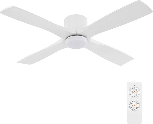 WINGBO 54 Inch Flush Mount DC Ceiling Fan with Lights and Remote, 4 Reversible Carved Wood Blades, 6-Speed Noiseless DC Motor, Hugger Ceiling Fan in Gloss White with White Blades
