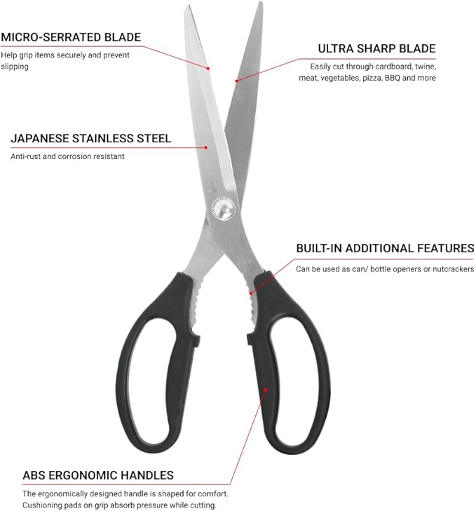 BOWERY HOME Meat Scissors - Heavy Duty Kitchen Shears - Heavy Duty Kitchen Shears - NOT MADE IN CHINA - For Cutting Food, Meat, Fish, Vegetable, Pizza (10 inches)
