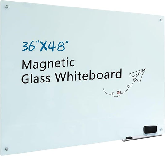 Magnetic Glass Whiteboard 48"x36" Glass Dry Erase Board 48"x36" Frameless Wall Mounted White Board Writing Board Glassboard for Office School Home Shop