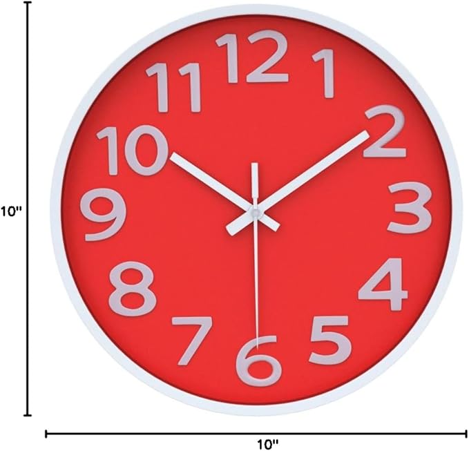 10 Inch Red Wall Clock with 3D Big Numbers, Modern Round Silent Quartz Clock, Easy to Read for Kitchen, for Home, Office, Farmhouse Decor