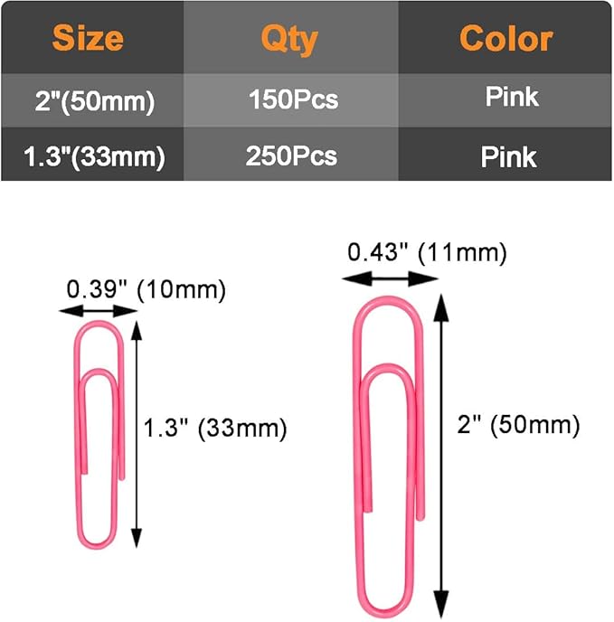 Vinaco Paper Clips Pink, 400PCS Medium and Jumbo Paper Clips (1.3 inch & 2.0 inch), Durable & Rustproof, Coated Paper Clip Great for Office School and Personal Use(Pink)