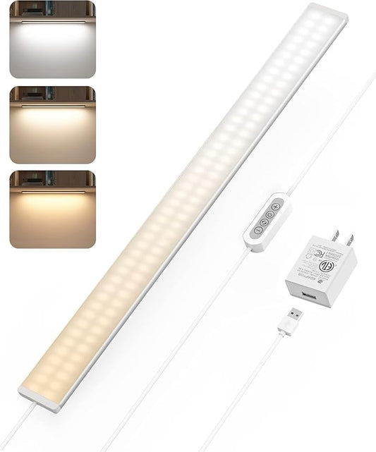 ASOKO Dimmable Desk Light Strip Bar, 3 Temps Under Cabinet Lighting with Memory Function, 24inch Plug in USB Led Undercounter Light for Kitchen/Shelf/Workbench/Desk (3000K/4000K/6000K)