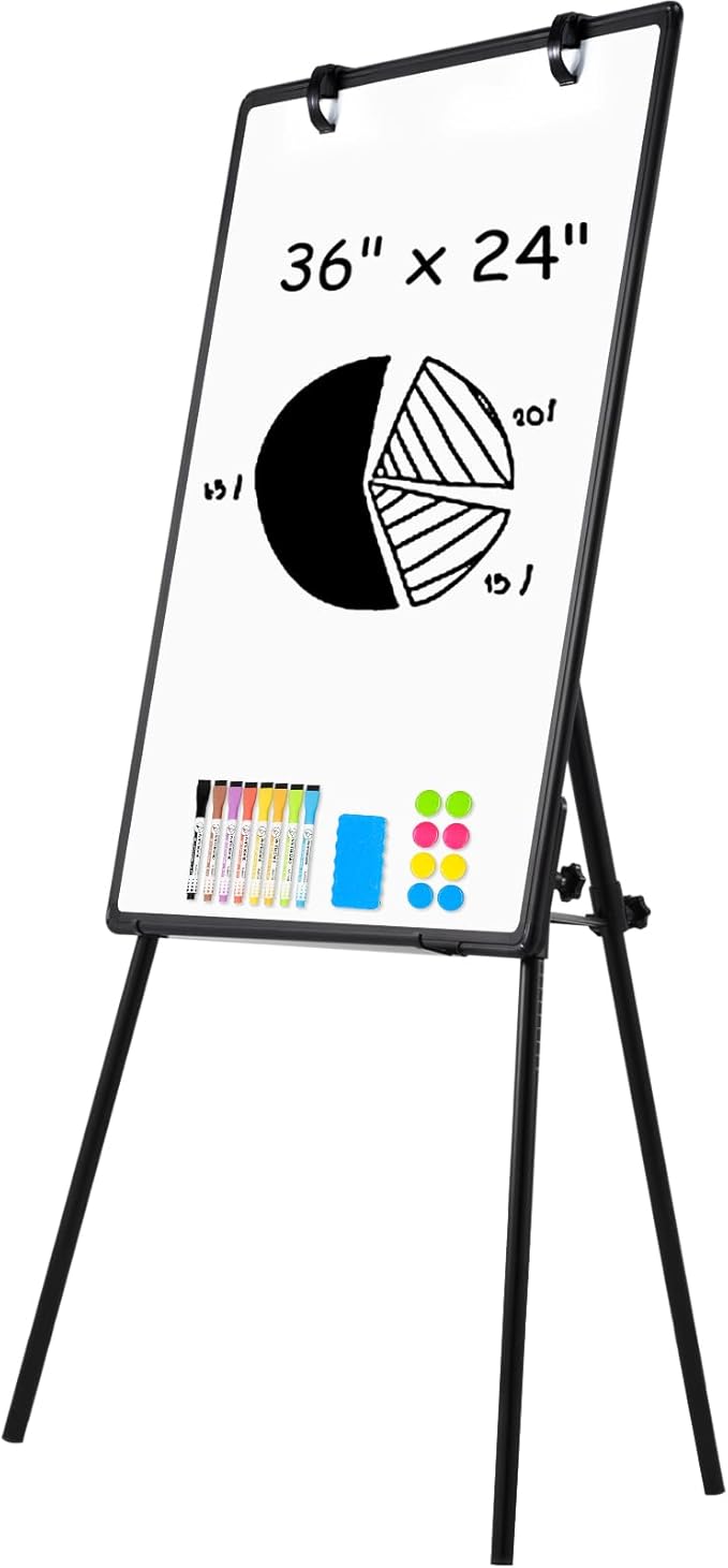 Magnetic Whiteboard Easel, 36"x24" Height Adjustable Dry Erase Board with Stand, Large Aluminium Frame White Board for Teaching, Flipchart Standing Writing Board for Office，Home (Black)