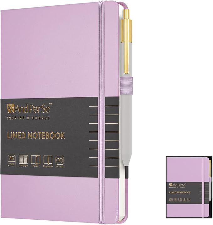 &And Per Se Lined Journal and Pen Set, A5 Hardcover Notebook, 160 Pages 100GSM Thick Paper-Gifts for Men Women, for Work, Business, School or Home Writing (Purple)