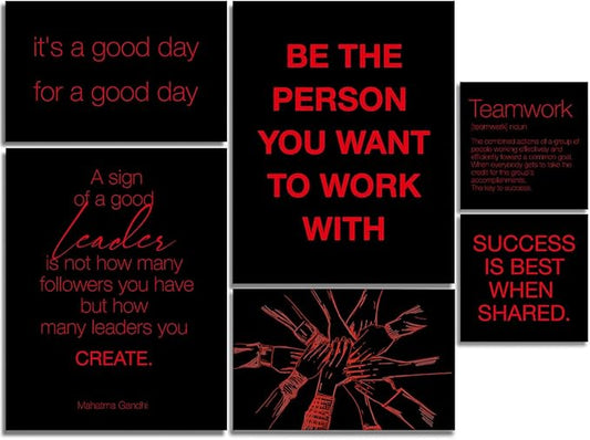 YEOION Inspirational Office Wall Art for Women,Motivational Teamwork Wall Decor for Office,Black and Red Postive Quote Workplace Canvas Wall Art for Set of 6