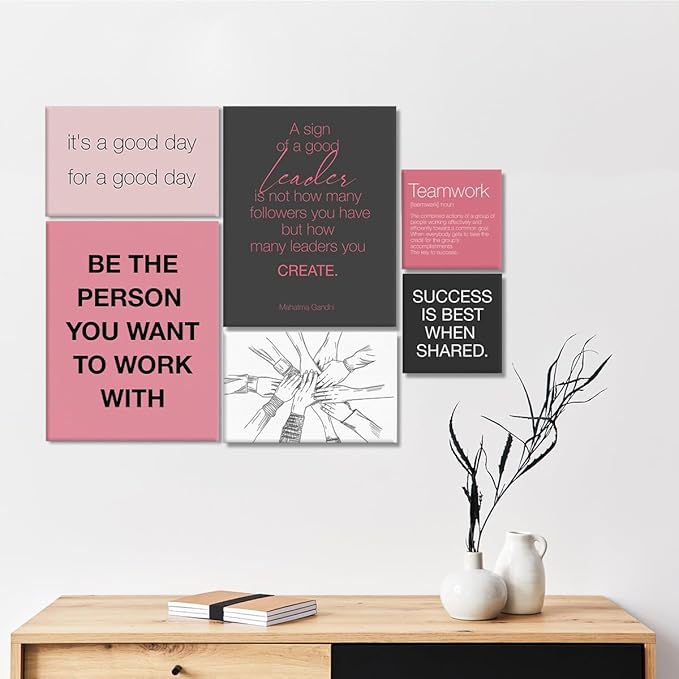 YEOION Inspirational Office Wall Art for Women,Motivational Teamwork Wall Decor for Office,Pink and Black Postive Quote Workplace Canvas Wall Art for Set of 6