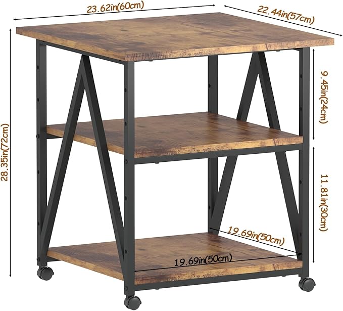 3-Tier Printer Stand, Large Printer Table with Storage, Industrial Printer Storage Cart with Wheels, Rolling Printer Stand for Heat Press Scanner Fax, Brown