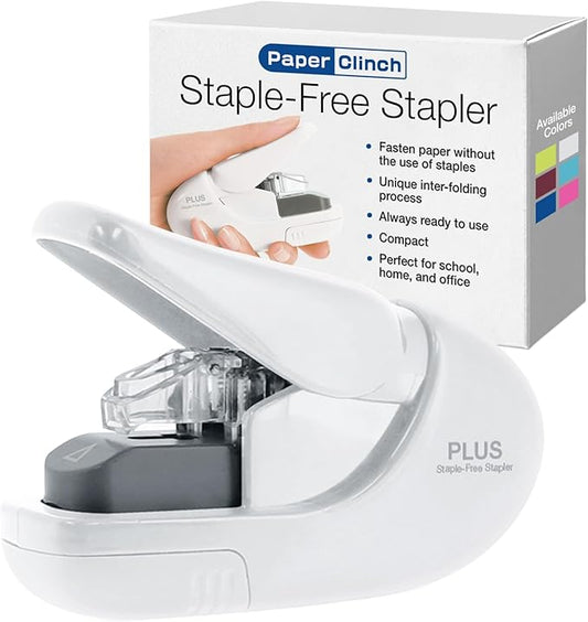 PLUS Paper Clinch Compact Staple-Free Stapler – Ivory White | Fastens up to 5 Sheets, Eco-Friendly, Safe for Kids, Lightweight & Portable for Home, School, or Office
