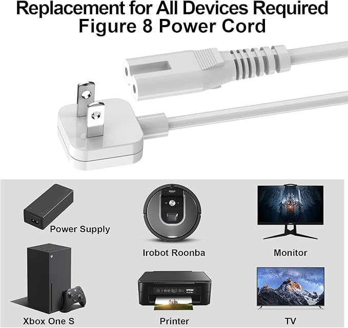 5ft Flat Extension Power Cord Replacement 10A, Figure 8 AC Cable Slim Plug 2 Prong for Anker, Ugreen, Baseus, Creative Design, MSTJRY, Upoy Charger, Power Supply for Xbox, TV, Low Profile