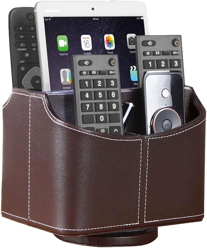 YAPISHI Leather Remote Control Holder, 360 Degree Spinning Desk TV Remote Caddy/Box, Coffee Table Organizer for Controller, Media, Calculator, Mobile Phone and Pencil Storage