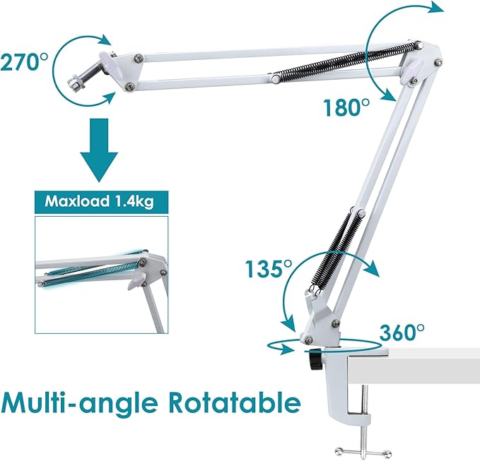 White Boom Arm for Fifine AM8 - White Mic Arm Compatible with Fifine AM8 Microphone, Professional Adjustable Scissor White Microphone Boom Arm Stand by YOUSHARES