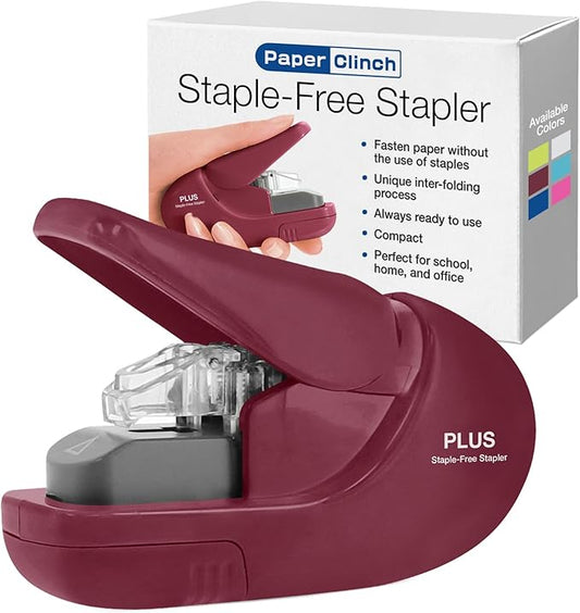 Plus Paper Clinch Compact Staple-Free Stapler, Burgundy Wine