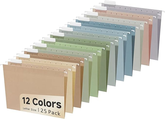 25pcs Decorative Hanging File Folders,Filing Cabinet, Letter Size with 1/5-Cut Adjustable Tab Durable 12 Color Assorted,Pastel