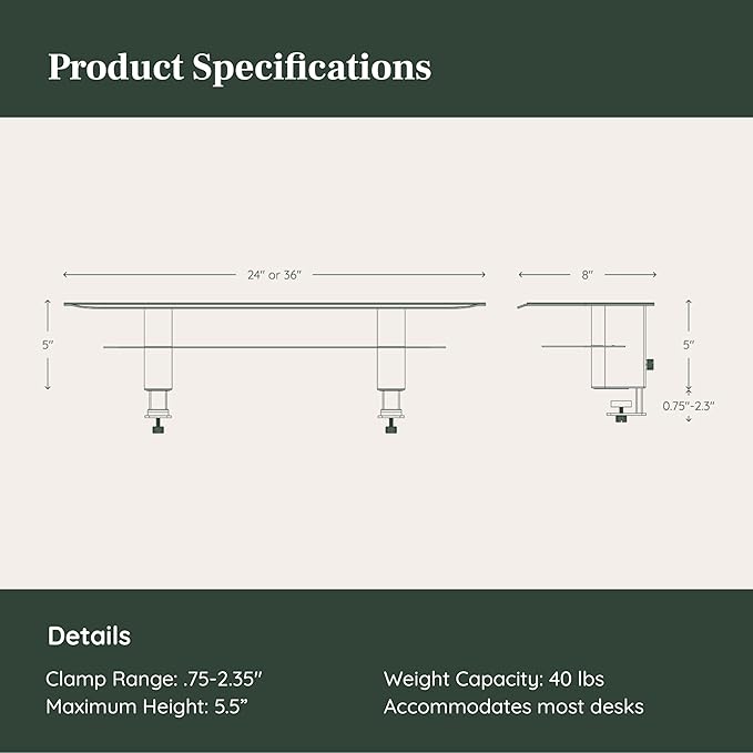 Branch Monitor Stand - Elegant, Durable Powder-Coated Steel Stand with Soft Felt Liner - Small Monitor Riser Second Tier Storage - Installs with a Universal Clamp for Ergonomic Workspace - White