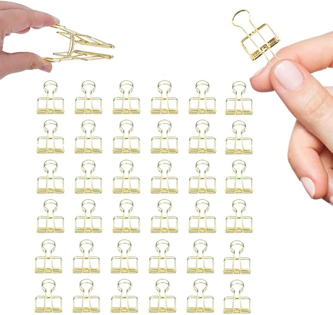 Small Binder Clips, 36 Pack, 3/4 Inch, Standard 19mm, Hollow Out Gold, Capacity 0.31 Inch, Fold Clamp, Wire Clip, Paper Clips, Office Clips, School & Home Use