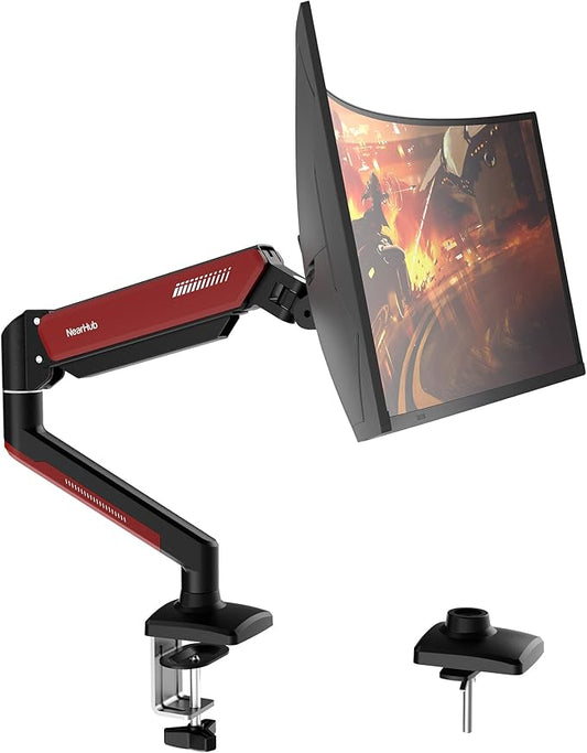 NearHub Gaming Monitor Mount for Computer Screen 13-32" and up to 22 lbs,360° Rotation,+90° to -45° Tilt,180° Swivel,with C Clamp and Grommet Base,Integrated Cable Management,75x75/100x100 VESA,RED