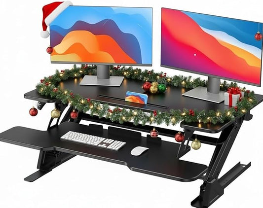 HUANUO 36" Z Shaped Stable Standing Desk Converter, Height Adjustable Sit Stand Up Desk Riser, Dual Monitor and Laptop Workstation with Wide Keyboard Tray, Desk Lifter for Home Office