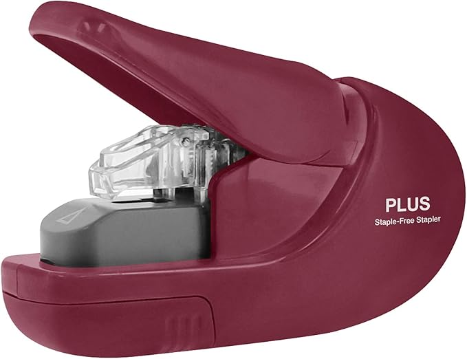 Plus Paper Clinch Compact Staple-Free Stapler, Burgundy Wine