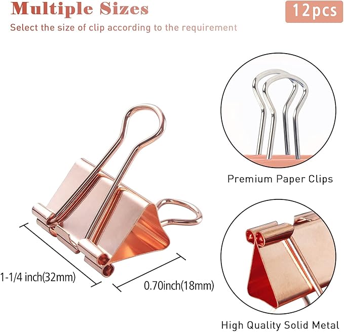 Medium Binder Clips, 24 Pack, 1-1/4 Inch, 1.25 Inch, Standard 32mm, Rose Gold, Capacity 0.6 Inch, Fold Clamp, Paper Clips, Office and School Supplies