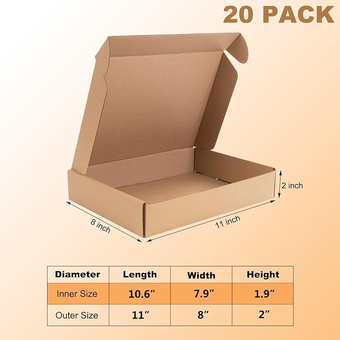 11x8x2 inches Shipping Boxes Set of 20, Brown Corrugated Cardboard Box,Recyclable Literature Mailer Boxes for Small Business Packaging, Mailing, Shipping