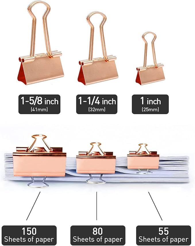 Medium Binder Clips, 24 Pack, 1-1/4 Inch, 1.25 Inch, Standard 32mm, Rose Gold, Capacity 0.6 Inch, Fold Clamp, Paper Clips, Office and School Supplies