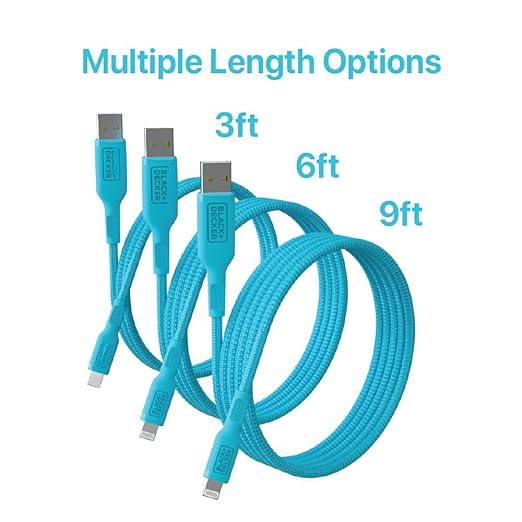 BLACK+DECKER Lightning to USB Cable - Fast Compatible iPhone Lightning Cable - Durable Braided iPhone Charger Cord - for Travel and Daily Use - Multiple Color + Length Options - 9ft