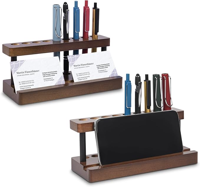 2 Pack Wooden Pen Holder for Desk, Wood Pencil Holder Fountain Pens Display Stand with 9 Slots and Phone Holder, Stylish Office Desk Decor, Pen Organizer for Office, Home